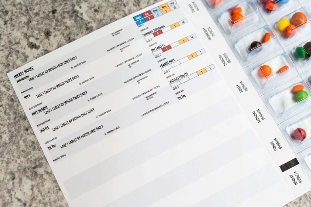 Compliance packaging books include a medication list and portable dosage units for on-the-go